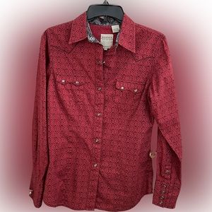 EUC womens Roper red with black print snap up western shirt size S